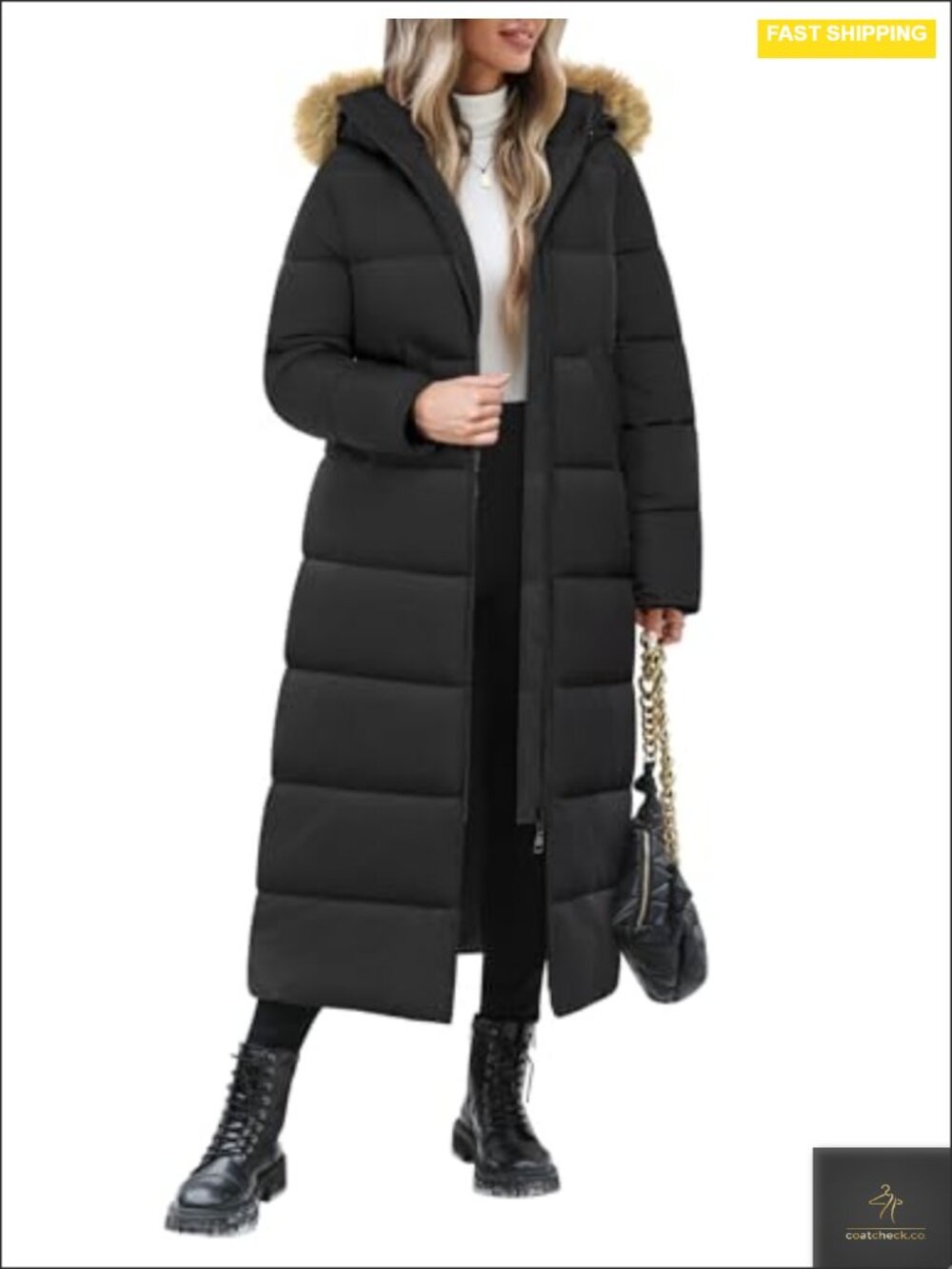 Women's Long Puffer Coat with Detachable Hood & Faux Fur Trim – Quilted Winter